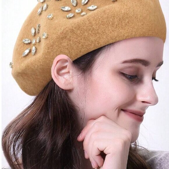 Wool Blend Rhinestone Flower Knitted Beret Cap Brown - Picture 3 of 3